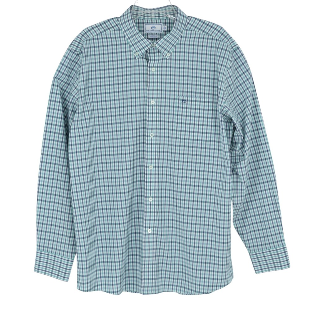 Southern Tide Men's XL Nassau Gingham Cotton Stretch LS Sport Shirt Green Blue - Picture 1 of 15